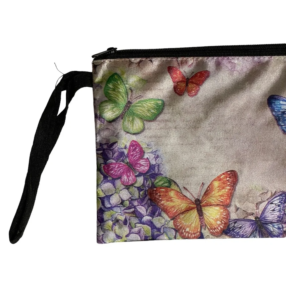 Makeup Cosmetics Bag Pouch Wristlet Butterflies and Hydrangeas Print 8.75